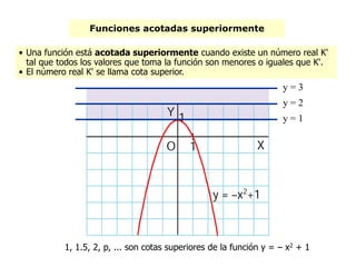 Funciones acotadas superiormente
• Una función está acotada superiormente cuando existe un número real K'
tal que todos los valores que toma la función son menores o iguales que K'.
• El número real K' se llama cota superior.
y = 1
y = 2
1, 1.5, 2, p, ... son cotas superiores de la función y = – x2 + 1
y = 3
 