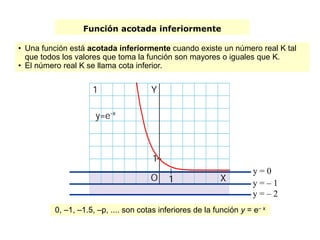Función acotada inferiormente
• Una función está acotada inferiormente cuando existe un número real K tal
que todos los valores que toma la función son mayores o iguales que K.
• El número real K se llama cota inferior.
y = 0
y = – 1
0, –1, –1.5, –p, .... son cotas inferiores de la función y = e– x
y = – 2
 