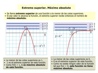 Extremo superior. Máximo absoluto
• Se llama extremo superior de una función a la menor de las cotas superiores.
• Si ese valor lo alcanza la función, el extremo superior recibe entonces el nombre de
máximo absoluto.
• La menor de las cotas superiores es 1.
• 1 es el extremo superior de esta función.
• Como f(0) = 1, 1 es máximo absoluto
de esta función.
• La menor de las cotas superiores es 0.
• 0 es el extremo superior de esta función.
• Como no existe ningún valor de la función
tal que f(a) = 0, esta función no tiene
máximo absoluto.
y = 1
y = 2
y = 3
y = 0
y = 1
y = 2
 