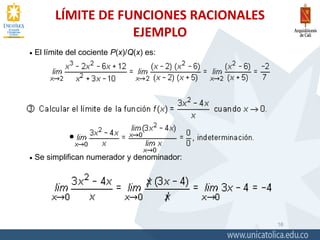 LÍMITE DE FUNCIONES RACIONALES
EJEMPLO
16
 El límite del cociente P(x)/Q(x) es:
 Se simplifican numerador y denominador:
 