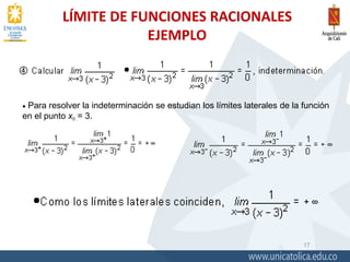 LÍMITE DE FUNCIONES RACIONALES
EJEMPLO
17
 Para resolver la indeterminación se estudian los límites laterales de la función
en el punto x0 = 3.
 