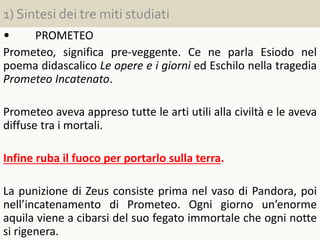 1) Sintesi dei tre miti studiati
• PROMETEO
Prometeo, significa pre-veggente. Ce ne parla Esiodo nel
poema didascalico Le opere e i giorni ed Eschilo nella tragedia
Prometeo Incatenato.
Prometeo aveva appreso tutte le arti utili alla civiltà e le aveva
diffuse tra i mortali.
Infine ruba il fuoco per portarlo sulla terra.
La punizione di Zeus consiste prima nel vaso di Pandora, poi
nell’incatenamento di Prometeo. Ogni giorno un’enorme
aquila viene a cibarsi del suo fegato immortale che ogni notte
si rigenera.
 