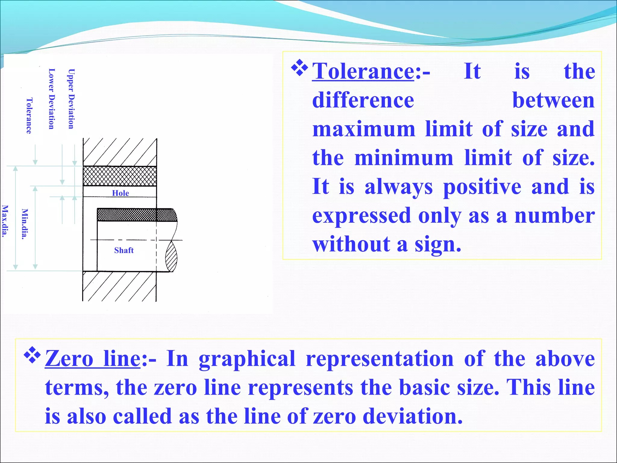 Zero line:- In graphical representation of the above
terms, the zero line represents the basic size. This line
is also called as the line of zero deviation.
UpperDeviation
LowerDeviation
Tolerance
Min.dia.
Max.dia.
Shaft
Hole
Tolerance:- It is the
difference between
maximum limit of size and
the minimum limit of size.
It is always positive and is
expressed only as a number
without a sign.
 