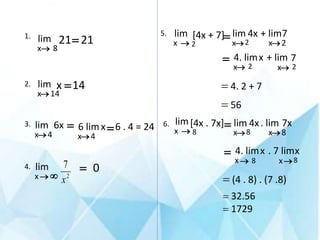 21
21
lim
8
x
=

14
x
lim
14
x
=

6x
lim
4
x
=

6 . 4 = 24
x
6 lim
4
x
=

0
lim

x
=
 2
7
x
[4x + 7]
lim
2
x
=

4x
lim
2
x
7
+ lim
2
x
1.
2.
3.
4.
5.
x
4. lim
2
x
7
+ lim
2
x
=
= 4. 2 + 7
= 56
x
4. lim
8
x
x
. 7 lim
8
x
=
= (4 . 8) . (7 .8)
= 32.56
= 1729
[4x . 7x]
lim
8
x
=

4x
lim
8
x
7x
. lim
8
x
6.
 