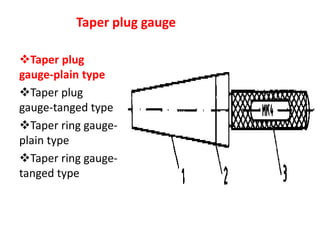 Taper plug gauge
Taper plug
gauge-plain type
Taper plug
gauge-tanged type
Taper ring gauge-
plain type
Taper ring gauge-
tanged type
 