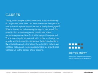 Copyright © 2015 Robbins Research International, Inc. An Anthony Robbins Company All Rights Reserved. | Tel. 844.498.5636 | www.tonyrobbins.com
DID YOU KNOW?
About 7 out of every 10 employees
are not engaged in the workplace.11
CAREER
Today, most people spend more time at work than they
do anywhere else. How can we thrive when we spend so
much time at a place where we are actively disengaged?
What’s the secret to breaking through in this area? You
need to find something you're passionate about,
something you are here for that is bigger than yourself.
The success cycle shows us that in order to change our
results, we first need to change our beliefs and actions.
By anticipating and eliminating these limiting beliefs, we
will take action and create opportunities for growth that
will lead us to the career of our dreams.
 