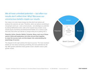 Copyright © 2015 Robbins Research International, Inc. An Anthony Robbins Company All Rights Reserved. | Tel. 844.498.5636 | www.tonyrobbins.com
We all have unlimited potential — but often our
results don’t reflect that. Why? Because our
unconscious beliefs cripple our results.
Our nature is to only invest energy into that which we believe will
produce the outcome we seek. Therefore, when we believe something is
not going to work out – even unconsciously – we sabotage our potential
by taking halfhearted action. Little action equals lousy results. Lousy
results equal uncertainty and disheartened beliefs. It is a vicious cycle
that only ends when you decide to change what you’re putting into it.
Potential. Action. Results. Beliefs. Certainty. Alone, each one of these
words is fairly self-explanatory, but when we put them together
to make the success cycle, we dive deeper into understanding the
psychology of success.
The diagram to the right outlines the keys to success. The more resolved
beliefs we have about achieving something, the more potential we will
tap. With greater potential comes greater action. Greater actions yield
greater results.
THE
SUCCESS
CYCLE
Potential
Belief / Certainty
Results
Action
 