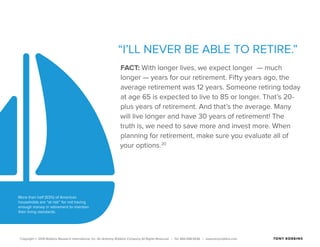 Copyright © 2015 Robbins Research International, Inc. An Anthony Robbins Company All Rights Reserved. | Tel. 844.498.5636 | www.tonyrobbins.com
“I’LL NEVER BE ABLE TO RETIRE.”
FACT: With longer lives, we expect longer — much
longer — years for our retirement. Fifty years ago, the
average retirement was 12 years. Someone retiring today
at age 65 is expected to live to 85 or longer. That’s 20-
plus years of retirement. And that’s the average. Many
will live longer and have 30 years of retirement! The
truth is, we need to save more and invest more. When
planning for retirement, make sure you evaluate all of
your options.20
More than half (53%) of American
households are “at risk” for not having
enough money in retirement to maintain
their living standards.
 