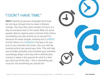 Copyright © 2015 Robbins Research International, Inc. An Anthony Robbins Company All Rights Reserved. | Tel. 844.498.5636 | www.tonyrobbins.com
“I DON’T HAVE TIME.”
FACT: Twenty-six percent of people think they
do not have enough time to make a lifestyle
change. You have the same number of hours in a
day as everyone else in the world. Why are some
people able to capture every moment while others
consistently use lack of time as an excuse? It’s
because for some people, working out is a MUST,
and for others it’s a SHOULD. The key is for you
to turn your shoulds into musts. You can start by
tracking where you spend your time. This will help
you to better prioritize and schedule your activities
accordingly. Begin each day with a definite plan
and put a stake in the ground for what it is that
you want out of the day — this is something you
must do, not something you should do.2
 