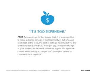 Copyright © 2015 Robbins Research International, Inc. An Anthony Robbins Company All Rights Reserved. | Tel. 844.498.5636 | www.tonyrobbins.com
“IT’S TOO EXPENSIVE.”
FACT: Seventeen percent of people think it is too expensive
to make a change towards a healthier lifestyle. But when we
really look at the facts, the cost of eating a healthy diet vs. and
unhealthy diet is only $1.50 more per day. The spare change
in your pocket can mean the difference in your life. If you are
committed to making a change, don’t base your beliefs on
common misconceptions.3
 