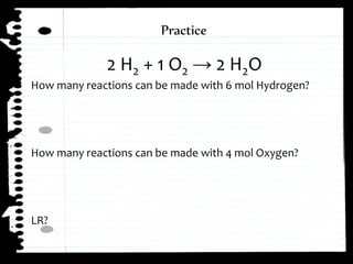 2 H2 + 1 O2 â 2 H2O
How many reactions can be made with 6 mol Hydrogen?
How many reactions can be made with 4 mol Oxygen?
LR?
Practice