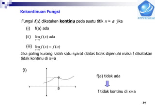 24
Kekontinuan Fungsi
Fungsi f(x) dikatakan kontinu pada suatu titik x = a jika
(i) f(a) ada
ada)(lim xf
ax
(ii)
(iii) )()(lim afxf
ax


Jika paling kurang salah satu syarat diatas tidak dipenuhi maka f dikatakan
tidak kontinu di x=a
a
(i)
º
f(a) tidak ada
f tidak kontinu di x=a
 