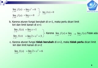 8
)(lim
0
xf
x 

0lim 2
0


x
x
)(lim
0
xf
x 

0lim
0


x
x
0)(lim
0


xf
x
b. Karena aturan fungsi berubah di x=1, maka perlu dicari limit
kiri dan limit kanan di x=1
)(lim
1
xf
x 

1lim
1


x
x
)(lim
1
xf
x 

32lim 2
1


x
x



11
lim)(lim
xx
xf )(lim
1
xf
x
)(lim
2
xf
x
62lim 2
2


x
x
Karena Tidak ada
c. Karena aturan fungsi tidak berubah di x=2, maka tidak perlu dicari limit
kiri dan limit kanan di x=2
 