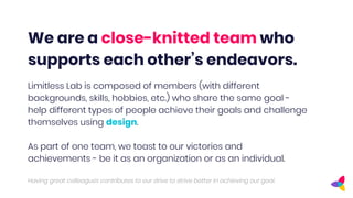 We are a close-knitted team who
supports each other’s endeavors.
Limitless Lab is composed of members (with different
back...