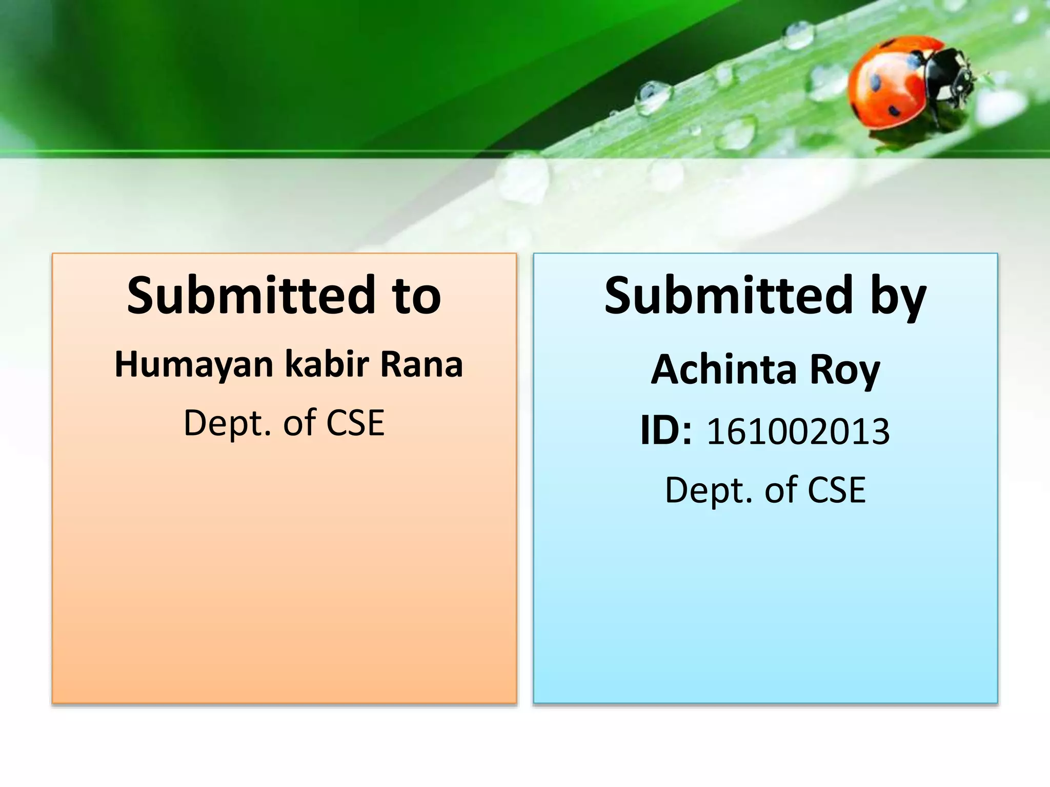 Submitted to
Humayan kabir Rana
Dept. of CSE
Submitted by
Achinta Roy
ID: 161002013
Dept. of CSE