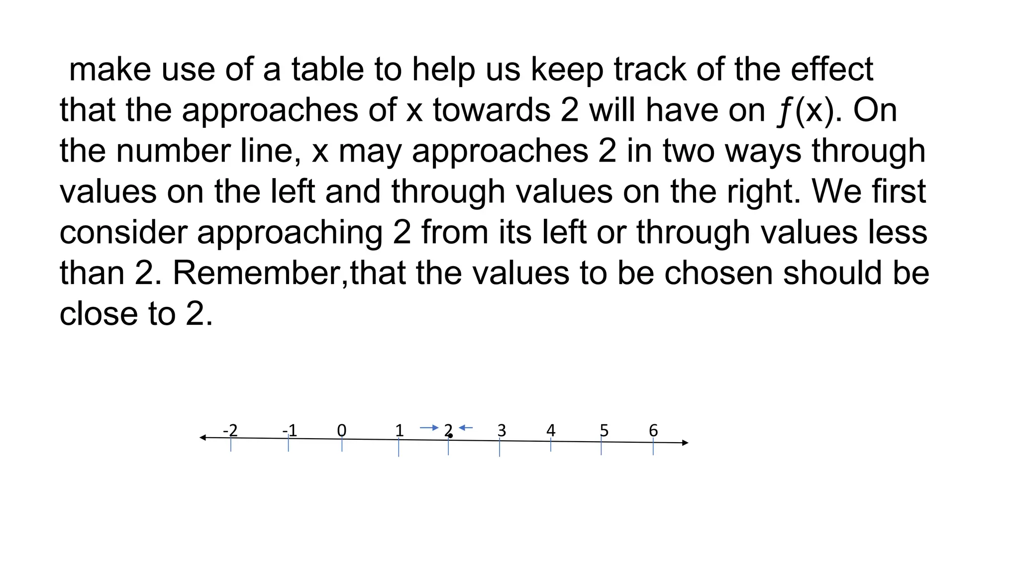make use of a table to help us keep track of the effect
that the approaches of x towards 2 will have on ƒ(x). On
the number line, x may approaches 2 in two ways through
values on the left and through values on the right. We first
consider approaching 2 from its left or through values less
than 2. Remember,that the values to be chosen should be
close to 2.
-2 -1 0 1 2 3 4 5 6
 