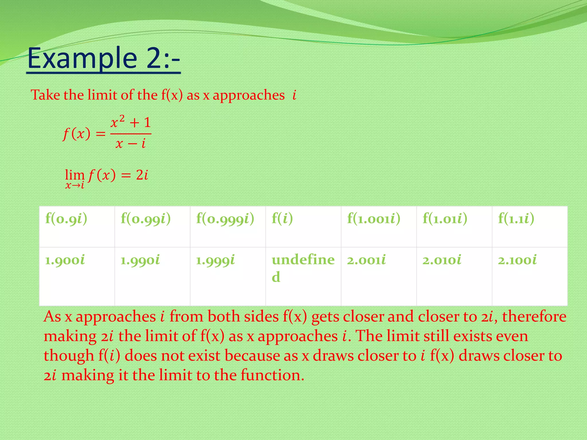 Example 2:-
Take the limit of the f(x) as x approaches 𝑖
𝑓 𝑥 =
𝑥2 + 1
𝑥 − 𝑖
lim
𝑥→𝑖
𝑓 𝑥 = 2𝑖
f(0.9𝒊) f(0.99𝒊) f(0.999𝒊) f(𝒊) f(1.001𝒊) f(1.01𝒊) f(1.1𝒊)
1.900𝒊 1.990𝒊 1.999𝒊 undefine
d
2.001𝒊 2.010𝒊 2.100𝒊
As x approaches 𝑖 from both sides f(x) gets closer and closer to 2𝑖, therefore
making 2𝑖 the limit of f(x) as x approaches 𝑖. The limit still exists even
though f(𝑖) does not exist because as x draws closer to 𝑖 f(x) draws closer to
2𝑖 making it the limit to the function.
 