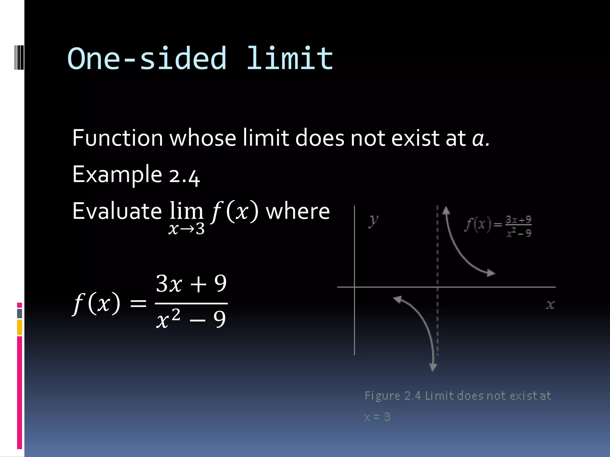 One-sided limit
Function whose limit does not exist at a.
Example 2.4
Evaluate lim
𝑥→3
𝑓 𝑥 where
𝑓 𝑥 =
3𝑥 + 9
𝑥2 − 9
 