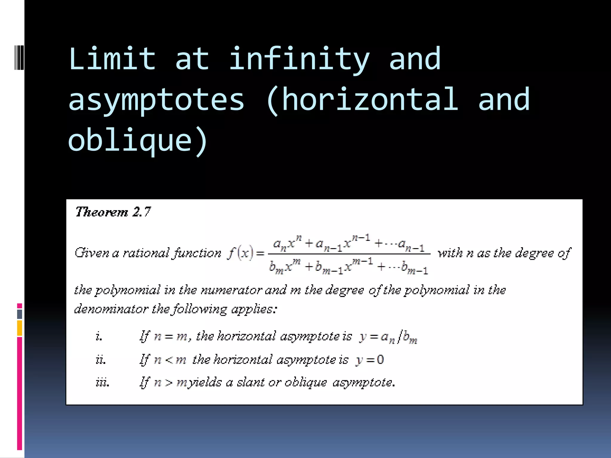 Limit at infinity and
asymptotes (horizontal and
oblique)
 