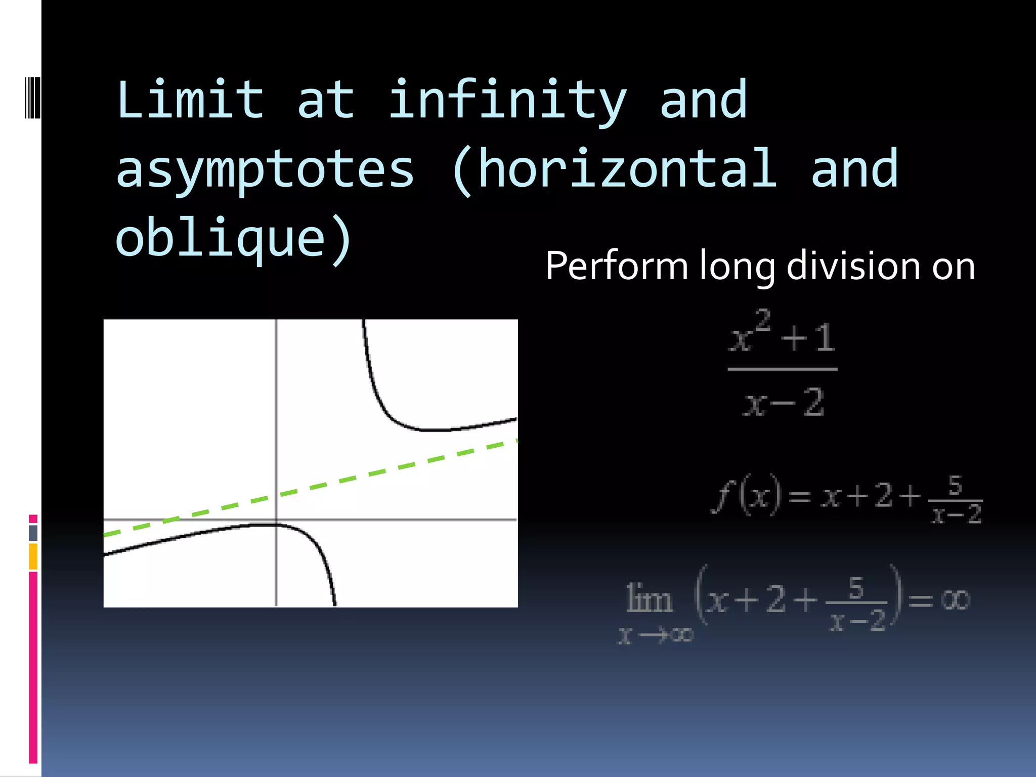 Limit at infinity and
asymptotes (horizontal and
oblique) Perform long division on
 