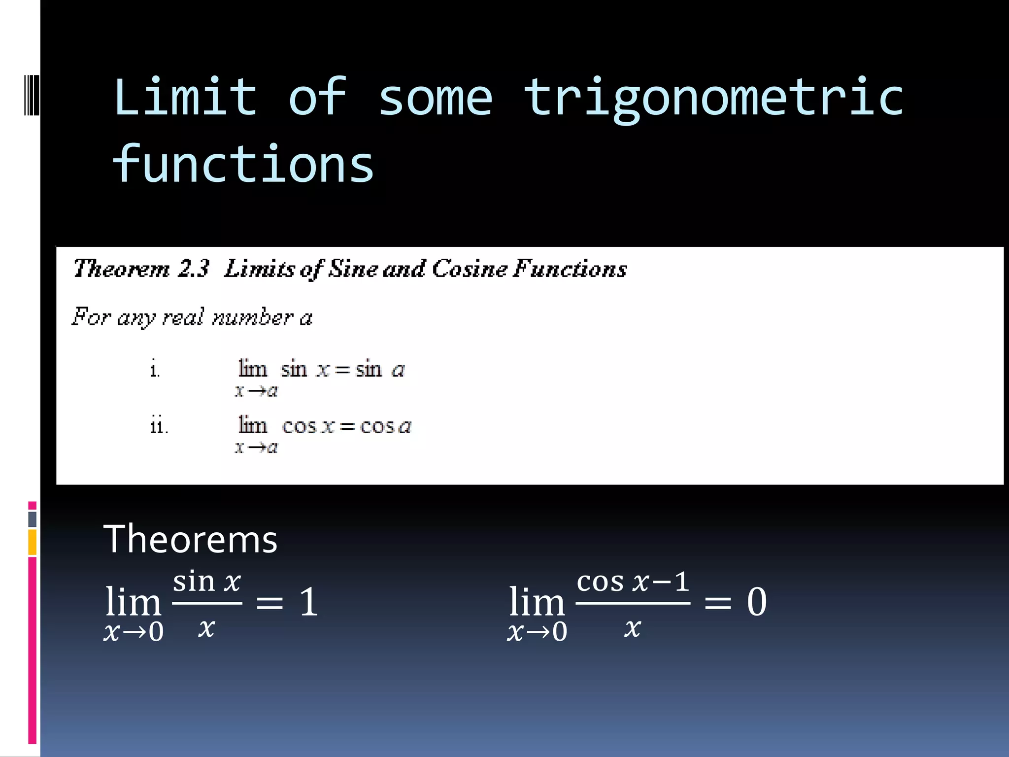 Limit of some trigonometric
functions
Theorems
lim
𝑥→0
sin 𝑥
𝑥
= 1 lim
𝑥→0
cos 𝑥−1
𝑥
= 0
 