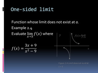 One-sided limit
Function whose limit does not exist at a.
Example 2.4
Evaluate lim
𝑥→3
𝑓 𝑥 where
𝑓 𝑥 =
3𝑥 + 9
𝑥2 − 9
 
