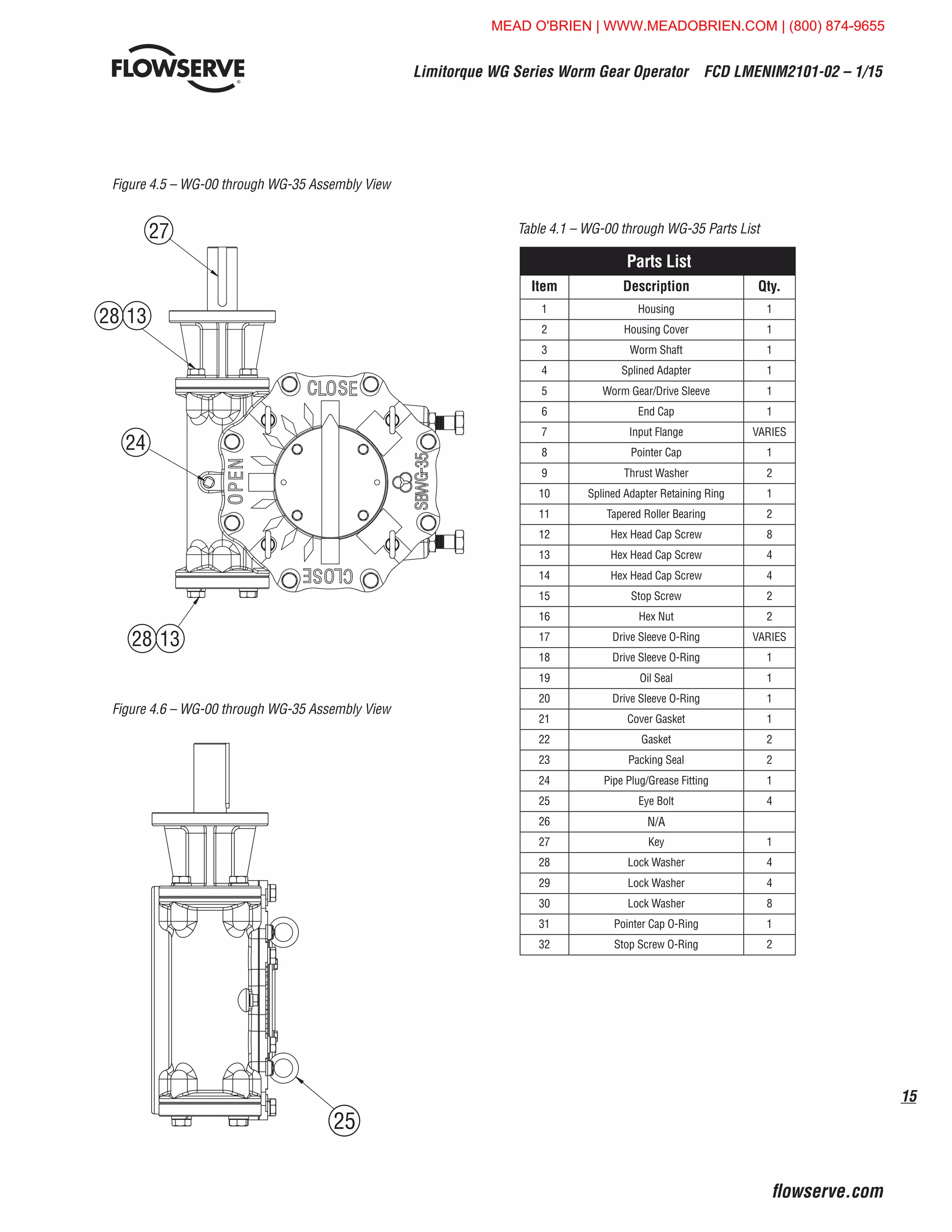 15
Limitorque WG Series Worm Gear Operator  FCD LMENIM2101-02 – 1/15
flowserve.com
27
24
25
28 13
28 13
27
24
25
28 13
28 13
Parts List
Item Description Qty.
1 Housing 1
2 Housing Cover 1
3 Worm Shaft 1
4 Splined Adapter 1
5 Worm Gear/Drive Sleeve 1
6 End Cap 1
7 Input Flange VARIES
8 Pointer Cap 1
9 Thrust Washer 2
10 Splined Adapter Retaining Ring 1
11 Tapered Roller Bearing 2
12 Hex Head Cap Screw 8
13 Hex Head Cap Screw 4
14 Hex Head Cap Screw 4
15 Stop Screw 2
16 Hex Nut 2
17 Drive Sleeve O-Ring VARIES
18 Drive Sleeve O-Ring 1
19 Oil Seal 1
20 Drive Sleeve O-Ring 1
21 Cover Gasket 1
22 Gasket 2
23 Packing Seal 2
24 Pipe Plug/Grease Fitting 1
25 Eye Bolt 4
26 N/A
27 Key 1
28 Lock Washer 4
29 Lock Washer 4
30 Lock Washer 8
31 Pointer Cap O-Ring 1
32 Stop Screw O-Ring 2
Figure 4.6 – WG-00 through WG-35 Assembly View
Table 4.1 – WG-00 through WG-35 Parts List
Figure 4.5 – WG-00 through WG-35 Assembly View
MEAD O'BRIEN | WWW.MEADOBRIEN.COM | (800) 874-9655
 