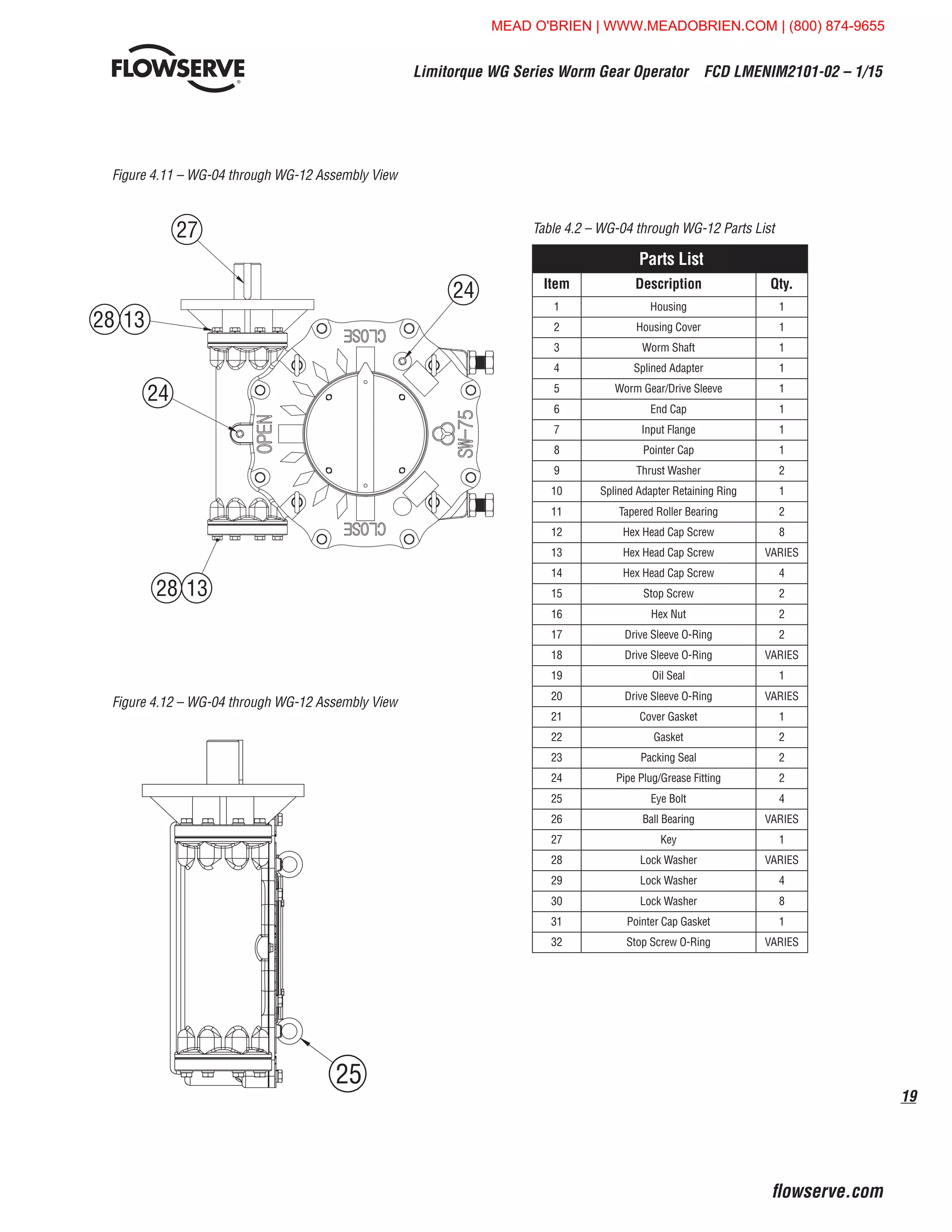 19
Limitorque WG Series Worm Gear Operator  FCD LMENIM2101-02 – 1/15
flowserve.com
Figure 4.12 – WG-04 through WG-12 Assembly View
Figure 4.11 – WG-04 through WG-12 Assembly View
Table 4.2 – WG-04 through WG-12 Parts List
Parts List
Item Description Qty.
1 Housing 1
2 Housing Cover 1
3 Worm Shaft 1
4 Splined Adapter 1
5 Worm Gear/Drive Sleeve 1
6 End Cap 1
7 Input Flange 1
8 Pointer Cap 1
9 Thrust Washer 2
10 Splined Adapter Retaining Ring 1
11 Tapered Roller Bearing 2
12 Hex Head Cap Screw 8
13 Hex Head Cap Screw VARIES
14 Hex Head Cap Screw 4
15 Stop Screw 2
16 Hex Nut 2
17 Drive Sleeve O-Ring 2
18 Drive Sleeve O-Ring VARIES
19 Oil Seal 1
20 Drive Sleeve O-Ring VARIES
21 Cover Gasket 1
22 Gasket 2
23 Packing Seal 2
24 Pipe Plug/Grease Fitting 2
25 Eye Bolt 4
26 Ball Bearing VARIES
27 Key 1
28 Lock Washer VARIES
29 Lock Washer 4
30 Lock Washer 8
31 Pointer Cap Gasket 1
32 Stop Screw O-Ring VARIES
25
27
24
1328
1328
24
T
25
27
24
1328
1328
24
MEAD O'BRIEN | WWW.MEADOBRIEN.COM | (800) 874-9655
 