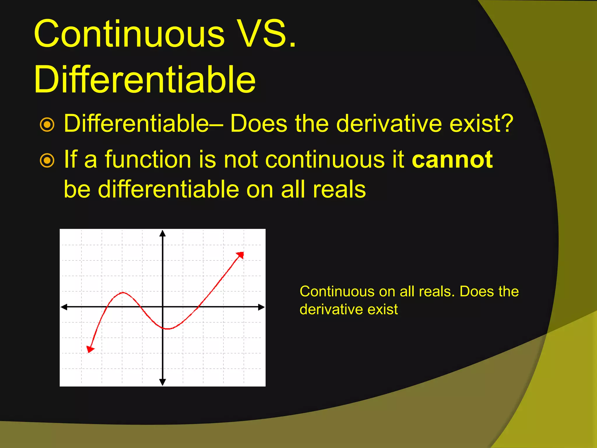 Continuous VS. DifferentiableDifferentiable– Does the derivative exist?If a function is not continuous it cannot be differentiable on all realsContinuous on all reals. Does the derivative exist
