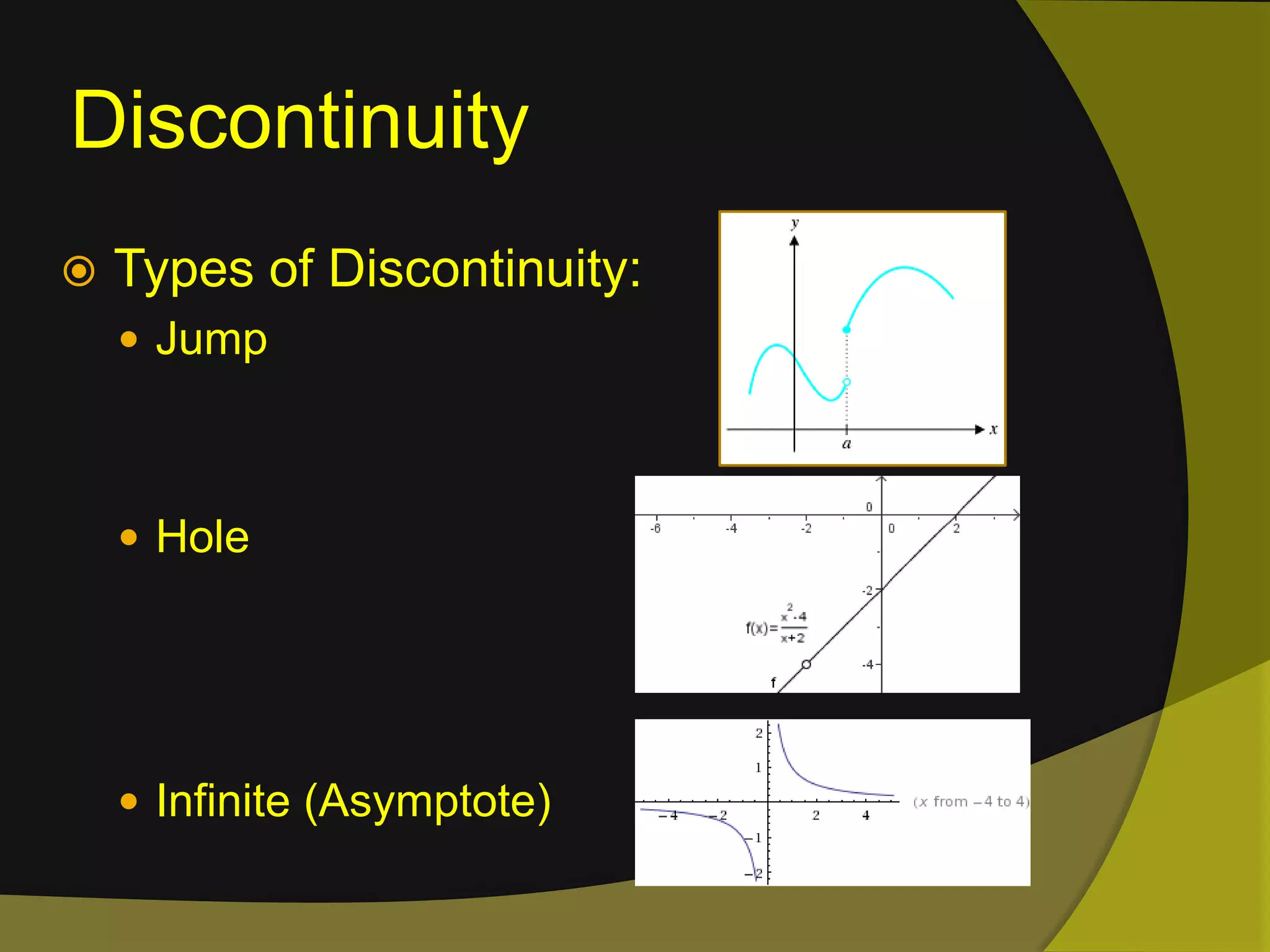 DiscontinuityTypes of Discontinuity:Jump HoleInfinite (Asymptote)