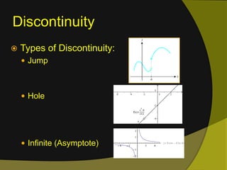 DiscontinuityTypes of Discontinuity:Jump HoleInfinite (Asymptote)