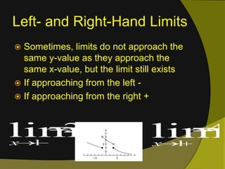 Left- and Right-Hand LimitsSometimes, limits do not approach the same y-value as they approach the same x-value, but the limit still existsIf approaching from the left -If approaching from the right +