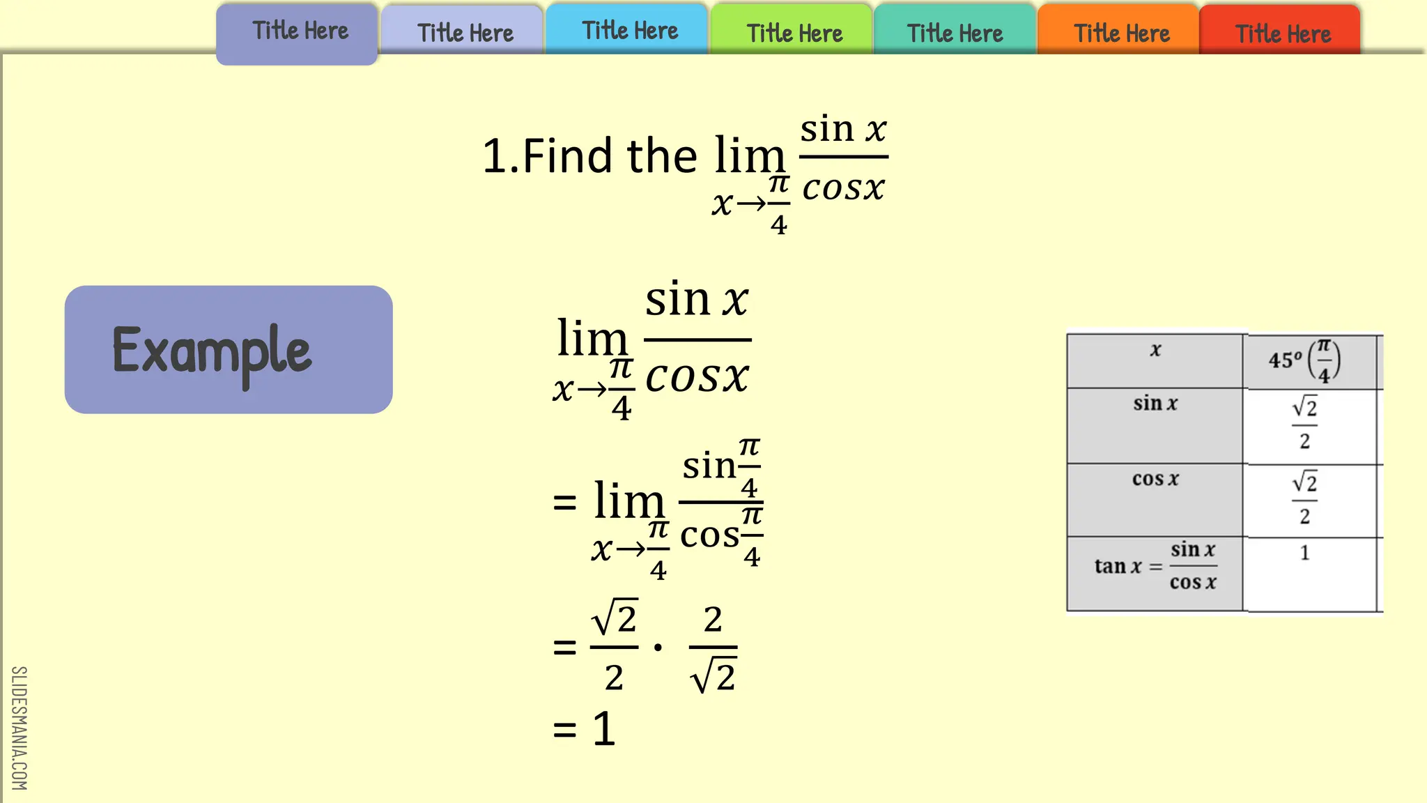 SLIDESMANIA.COM
Title Here Title Here
Title Here
Title Here
Title Here
Title Here
1.Find the lim
𝑥→
𝜋
4
sin 𝑥
𝑐𝑜𝑠𝑥
Example
Title Here
lim
𝑥→
𝜋
4
sin 𝑥
𝑐𝑜𝑠𝑥
= lim
𝑥→
𝜋
4
sin
𝜋
4
cos
𝜋
4
=
2
2
∙
2
2
= 1
 