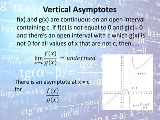 Vertical Asymptotes
f(x) and g(x) are continuous on an open interval
containing c. if f(c) is not equal to 0 and g(c)= 0
and there’s an open interval with c which g(x) is
not 0 for all values of x that are not c, then…..




There is an asymptote at x = c
for
 