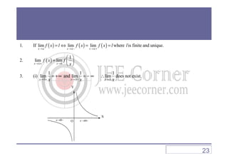 1. If ( ) ( ) ( )lim lim lim
x a x a x a
f x l f x f x l
→ → − → +
= ⇔ = = where lis finite and unique.
2. ( ) 0
1
lim lim
x x
f x f
x→±∞ →
 
=  
 
3. (i)
0
1
lim
x x→ +
= +∞ and
0
1
lim
x x→ −
= − ∞
0
1
lim
x x→
∴ does not exist.
0x x→ + 0x x→ − 0x x→
X
Y
O0x→ − 0x→ +
23
 