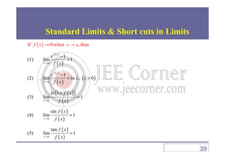Standard Limits & Short cuts in Limits
If ( ) 0f x → when ,x a→ then
(1)
( )
( )
1
lim 1
f x
x a
e
f x→
−
=
(2)
( )
( )
( )
1
lim , 0
f x
c
ln c c
f x→
−
= >(2)
( )
( )lim , 0
x a
ln c c
f x→
= >
(3)
( )( )
( )
1
lim 1
x a
ln f x
f x→
+
=
(4)
( )
( )
sin
lim 1
x a
f x
f x→
=
(5)
( )
( )
tan
lim 1
x a
f x
f x→
=
39
 