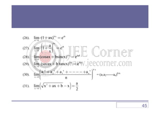 (26).
b/x ab
x 0
lim (1 ax) e→
+ =
(27).
bx
ab
x 0
a
lim 1 e
x→
  + =  
(28).
d/x bcd
lim(cosax bsincx) e+ =(28).
d/x bcd
x 0
lim(cosax bsincx) e→
+ =
(29).
d/x bcd
x 0
lim (secax b tancx) e→
+ =
(30).
b/xx x x x
1 2 3 n
x 0
a a a a
lim
n→
 + + +−−−−+    
= (a1a2------an)b/n
(31). ( )2
x 0
a
lim x ax b x
2→
+ + − =
45
 