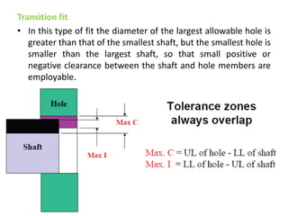 Transition fit
• In this type of fit the diameter of the largest allowable hole is
greater than that of the smallest shaft, but the smallest hole is
smaller than the largest shaft, so that small positive or
negative clearance between the shaft and hole members are
employable.
 
