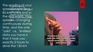 The reading of your 
speedometer (e.g., 
85 km/h) is a limit in 
the real world. Your 
speed is changing 
continuously during 
time, and the only 
"solid", i.e., "limitless" 
data you have is 
that it took you 
exactly 2 hours to 
drive the 150 km 
a guitar string 
vibrating. It starts out 
with large 
displacement and 
eventually becomes 
still. 
 
