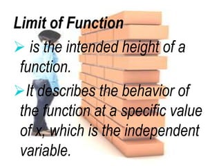 Limit of Function
 is the intended height of a
function.
It describes the behavior of
the function at a specific value
of x, which is the independent
variable.
 