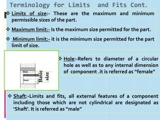 Terminology for Limits                 and Fits Cont.
 Limits of size:- These are the maximum and minimum
  permissible sizes of the part.
 Maximum limit:- Is the maximum size permitted for the part.
 Minimum limit:- it is the minimum size permitted for the part
  limit of size.

                        Hole:-Refers to diameter of a circular
                         hole as well as to any internal dimension
                         of component .it is referred as “female”
               Basic




       Hole
                size




       Shaft




 Shaft:-Limits and fits, all external features of a component
  including those which are not cylindrical are designated as
  ‘Shaft'. It is referred as “male”
 
