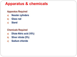Apparatus & chemicals
Apparatus Required
a) Nessler cylinders
b) Glass rod
c) Stand
Chemicals Required
a) Dilute Nitric acid (10%)
b) Silver nitrate (5%)
c) Sodium chloride
 