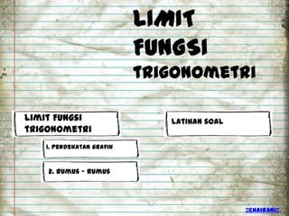 LIMIT
                          FUNGSI
                          trigonometri

Limit Fungsi                 Latihan soal
trigonometri
   1. Pendekatan grafik


    2. Rumus – rumus




                                            ::chairani::
 