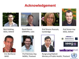 Acknowledgement

Nick Golding,
SEEG, Oxford

Eric Bertherat
WHO

David Dance,
LOMWRU, Laos

Prof Sharon Peacock,
Cambridge

Prof Nicholas Day
MORU, Thailand

Rungrueng Kitphati
Ministry of Public Health, Thailand

Prof Simon Hay
SEEG, Oxford

 