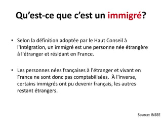 Qu’est-ce que c’est un immigré?
• Selon la définition adoptée par le Haut Conseil à
l'Intégration, un immigré est une personne née étrangère
à l'étranger et résidant en France.
• Les personnes nées françaises à l'étranger et vivant en
France ne sont donc pas comptabilisées. À l'inverse,
certains immigrés ont pu devenir français, les autres
restant étrangers.

Source: INSEE

 