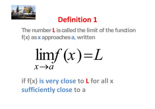 The number Lis called the limit of the function
f(x) as x approaches a, written
 