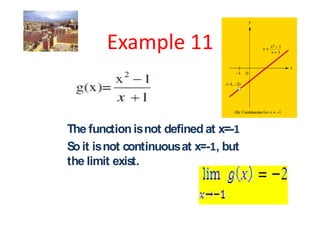The function is not defined at x=-
So it is not continuous at x=- , but
the limit exist.
 