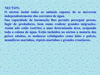 NECTON: O nécton inclui todos os animais capazes de se moverem independentemente das correntes de água. Sua capacidade de locomoção lhes permite perseguir presas, fugir de predadores, bem como realizar grandes migrações. Assim não estão restritos a uma determinada área, ocupando toda a coluna de água. Estão incluídos no nécton a maioria dos peixes adultos, os moluscos cefalópodes como lulas e polvos, mamíferos marinhos, répteis marinhos e grandes crustáceos. 