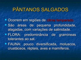 PÂNTANOS SALGADOS
   Ocorrem em regiões de clima temperado.
   São áreas de pequena profundidade,
    alagadas, com variações de salinidade.
   FLORA: predominância de gramíneas
    tolerantes ao sal.
   FAUNA: pouco diversificada, moluscos,
    crustáceos, répteis, aves e mamíferos.
 