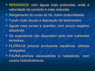    REMANSOS: com águas mais profundas, onde a
    velocidade da corrente é mais reduzida.
   Alargamento do curso do rio, maior profundidade.
   Fundo mole devido a deposição de sedimentos.
   Águas mais turvas e quentes, com pouco oxigênio
    dissolvido.
   Os organismos não dependem tanto dos nutrientes
    terrestres.
   FLORA:há poucos produtores aquáticos, plantas
    arraigadas.
   FAUNA:animais escavadores e nadadores, com
    corpos hidrodinâmicos.
 